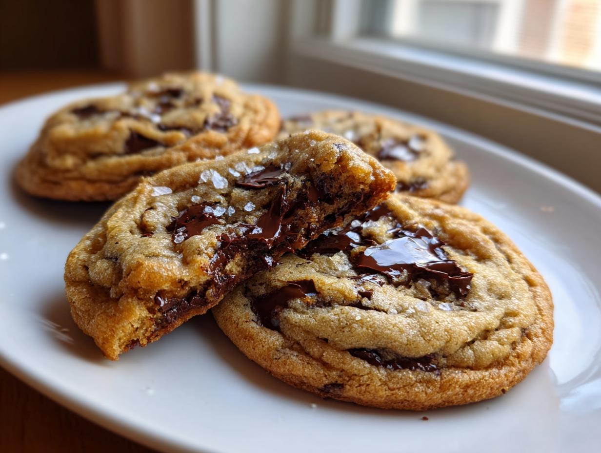Close-up of gooey brown butter chocolate chip cookies, one broken open showing melted chocolate and sea salt.