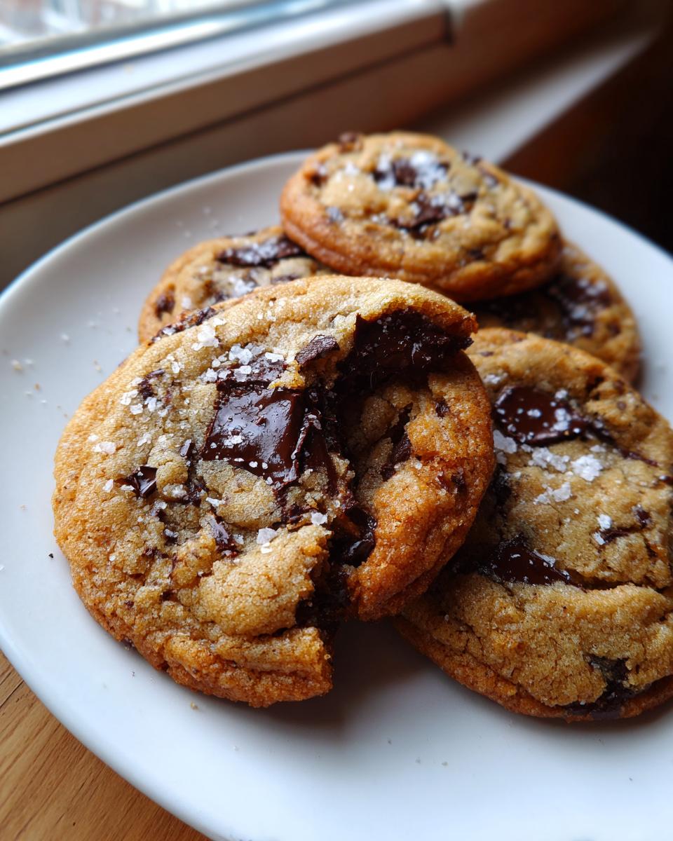 Close-up of gooey brown butter chocolate chip cookies sprinkled with flaky sea salt.