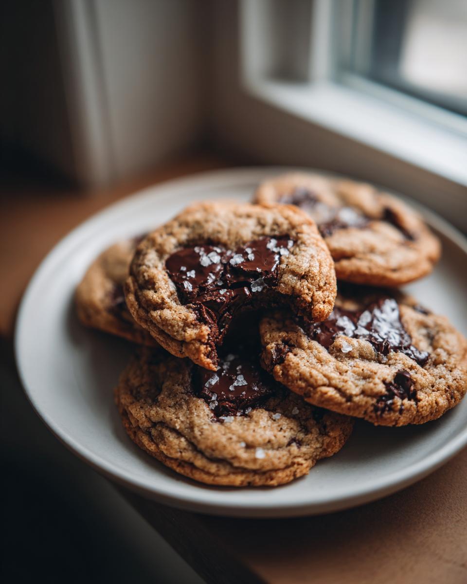 A stack of freshly baked brown butter chocolate chip cookies topped with flaky sea salt.
