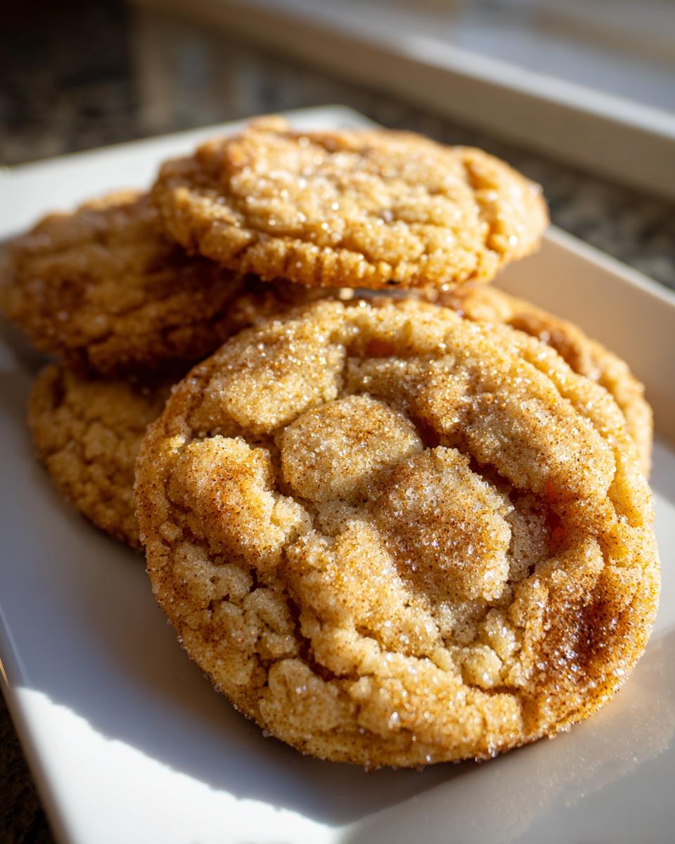 A stack of chewy brown butter sugar cookies coated in sparkling cinnamon sugar, sitting on a white plate.