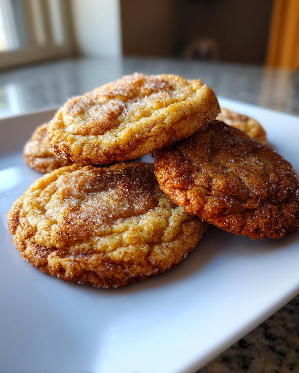 A stack of freshly baked brown butter sugar cookies coated in cinnamon sugar resting on a white plate.
