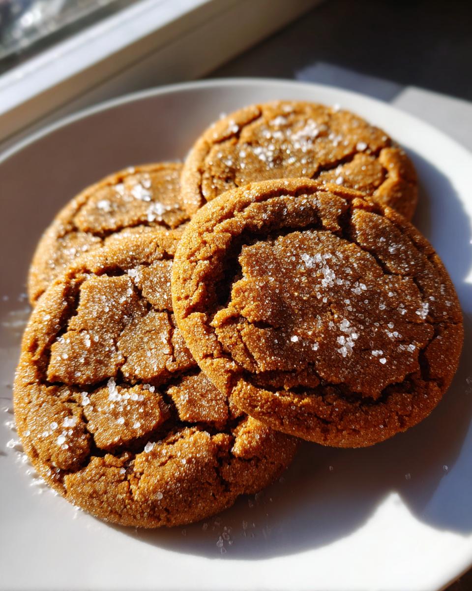 Close-up of three rich, crinkled brown butter sugar cookies topped with coarse sparkling sugar.