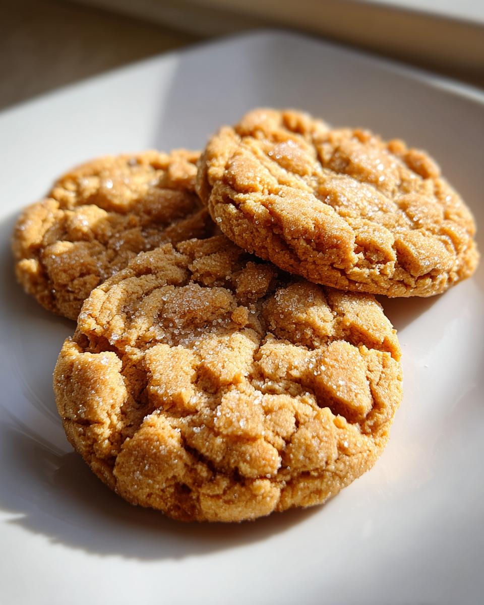 Close-up of three golden brown butter sugar cookies with crinkled tops and sparkling sugar crystals, resting on a white plate.