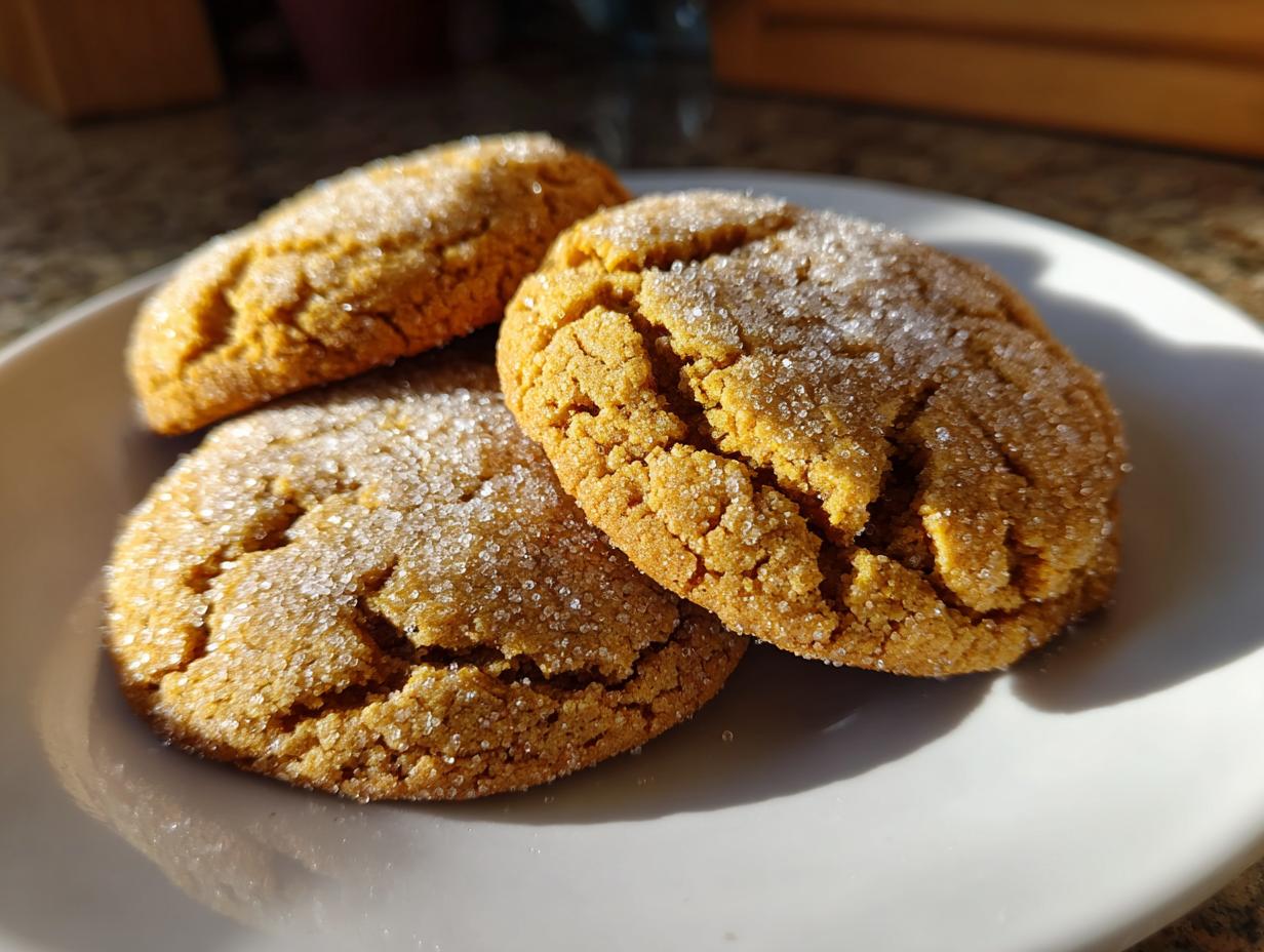 Three golden brown butter sugar cookies, rolled in sparkling sugar, resting on a white plate.