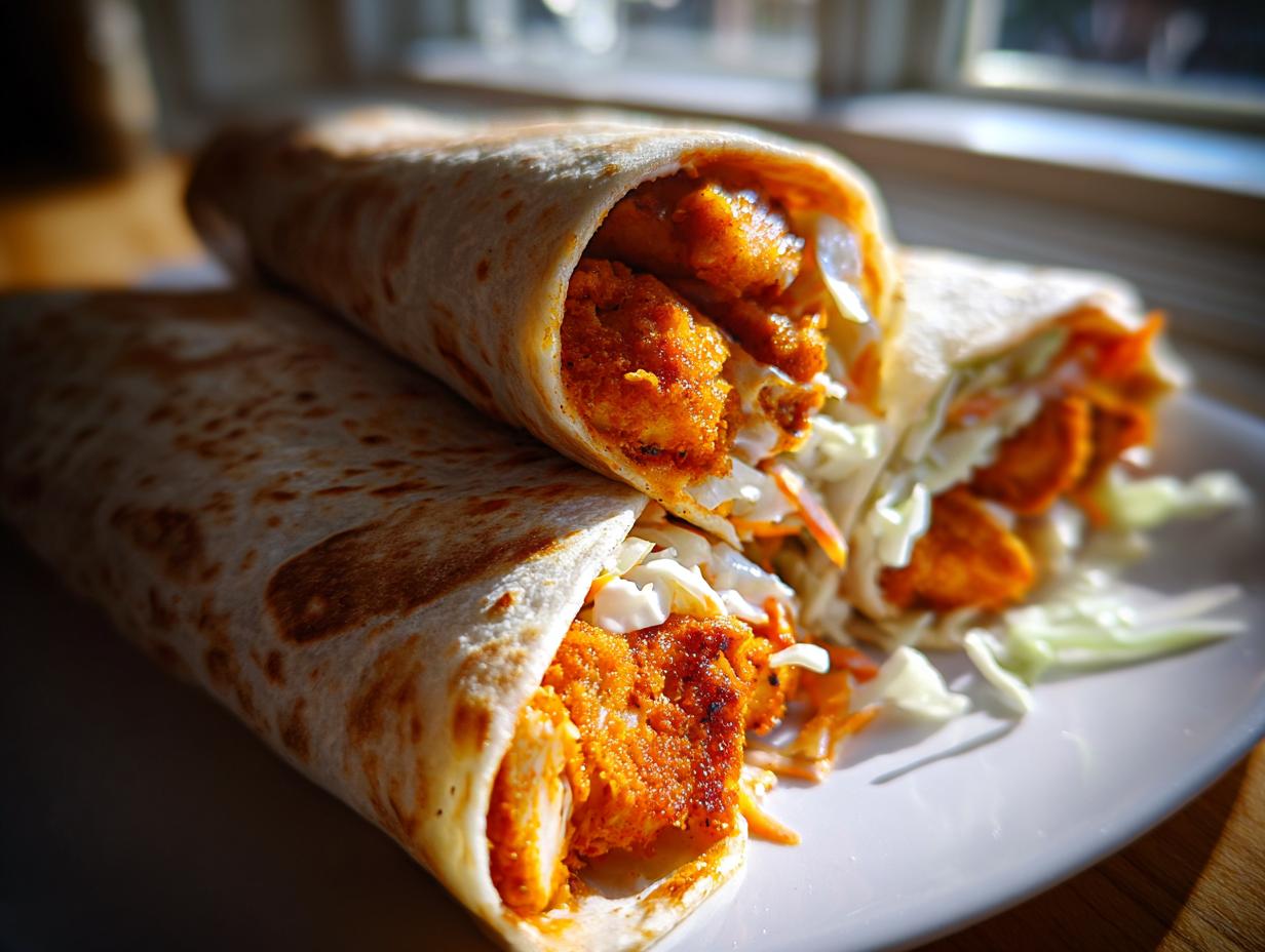 Two tightly rolled buffalo chicken wrap halves filled with crispy orange chicken and coleslaw, resting on a white plate.