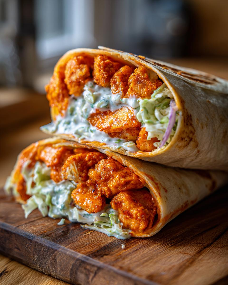 Two halves of a delicious buffalo chicken wrap stacked, showing orange sauced chicken, creamy dressing, and lettuce.