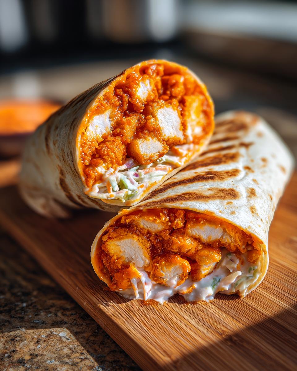 Close-up of a buffalo chicken wrap cut in half, showing crispy chicken coated in orange sauce and creamy coleslaw.
