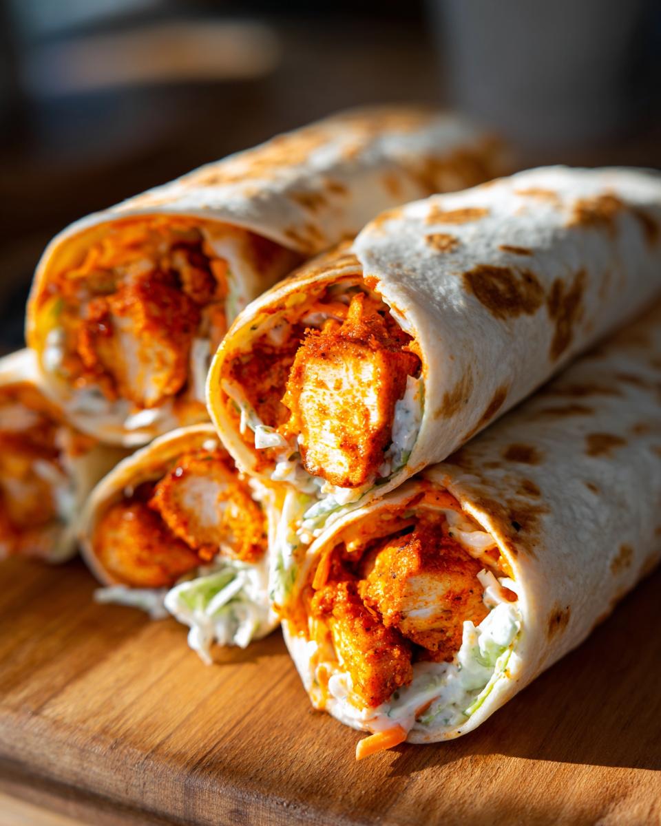 A stack of freshly made buffalo chicken wrap halves showing spicy chicken chunks and creamy slaw inside a tortilla.
