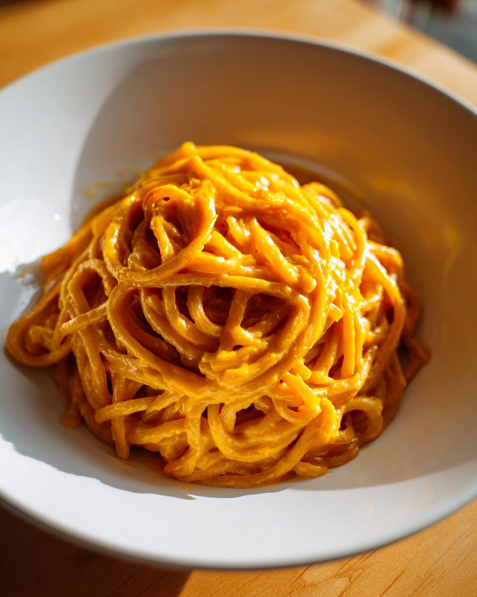A close-up of spaghetti coated in a vibrant orange butternut squash pasta sauce served in a white bowl.