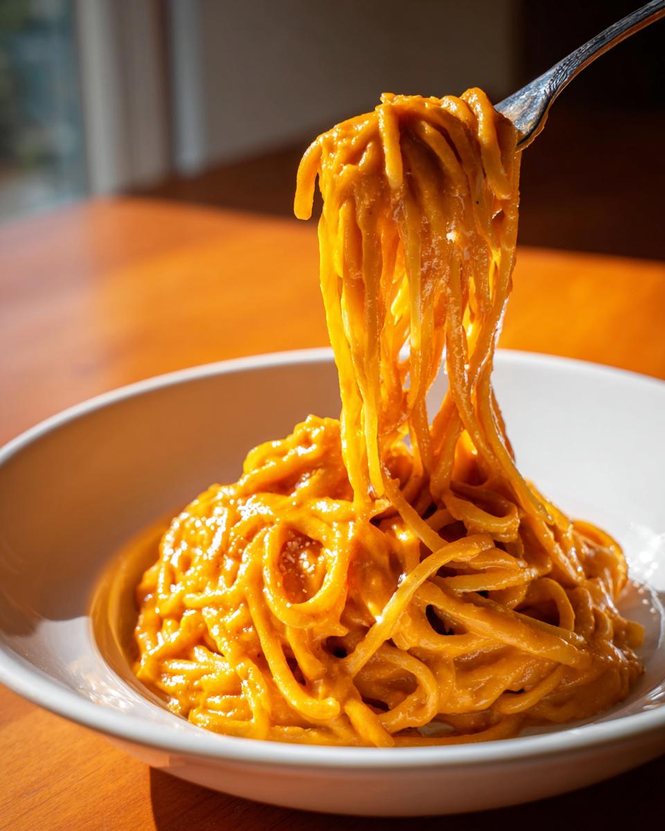 A fork lifting spaghetti coated thickly in vibrant orange butternut squash pasta sauce from a white bowl.