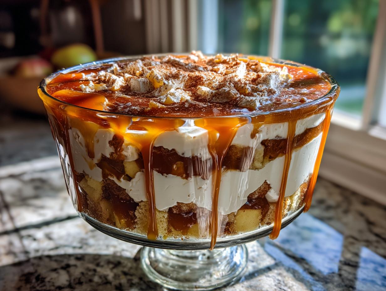 A tall glass trifle bowl filled with layers of cake, cream, and apples, generously topped with dripping caramel sauce for a caramel apple trifle.
