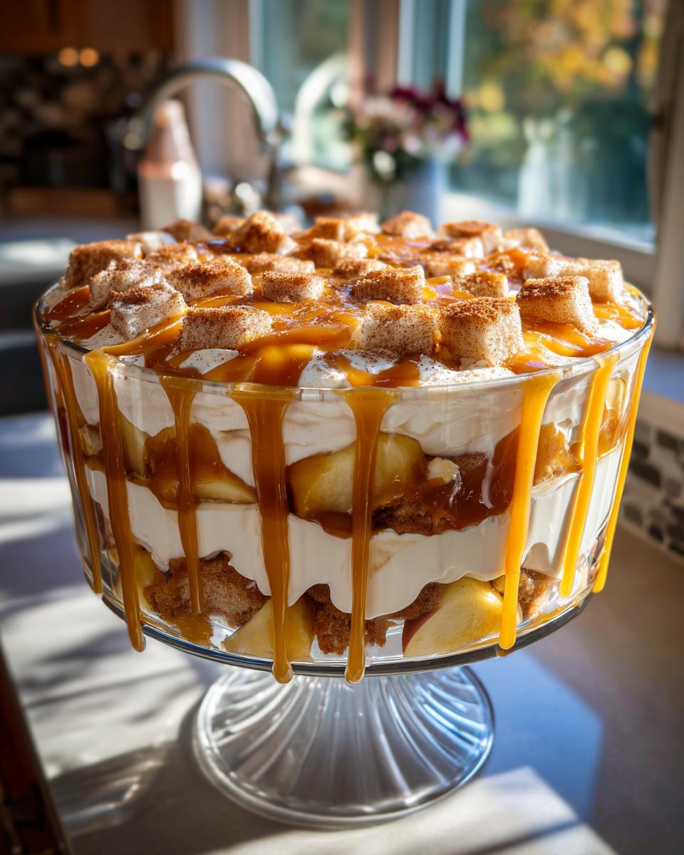 A layered caramel apple trifle in a glass pedestal bowl, dripping with caramel sauce.