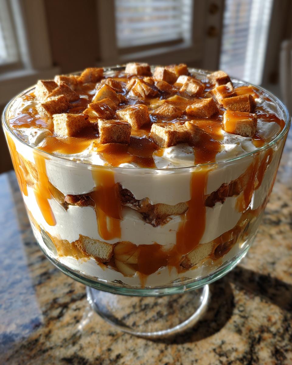 A layered caramel apple trifle dessert in a clear glass pedestal bowl, topped with whipped cream and caramel sauce.