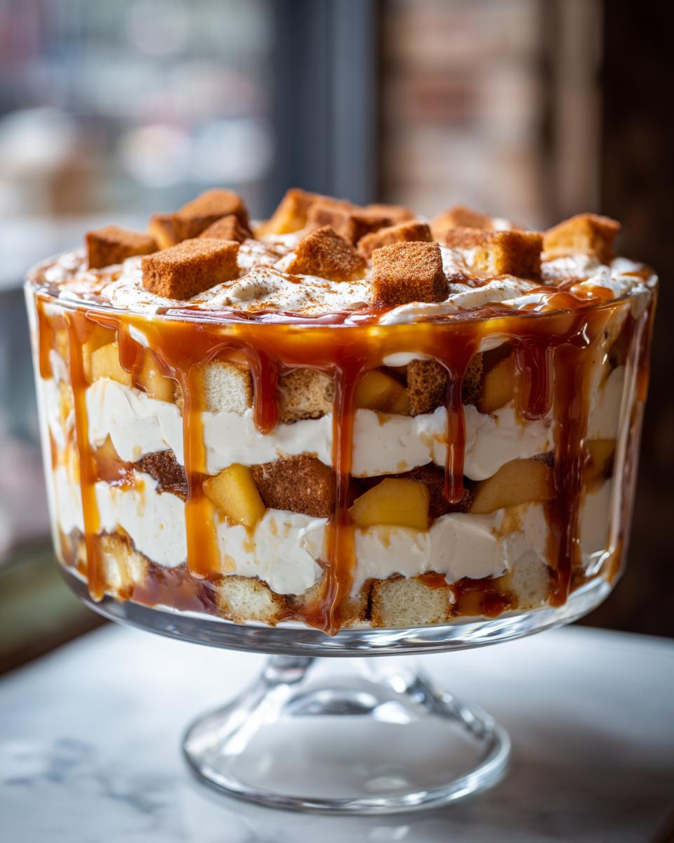 A beautiful, layered caramel apple trifle served in a clear glass pedestal bowl, drizzled heavily with caramel sauce.
