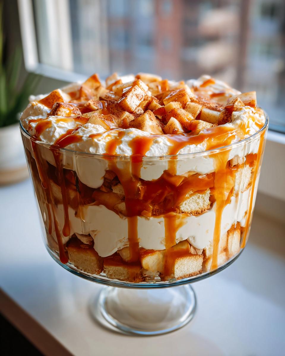 A beautiful layered caramel apple trifle featuring cake cubes, cream, and a generous caramel drizzle.