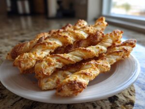 A pile of freshly baked, flaky cheese straws recipe twists stacked on a white plate, golden brown and cheesy.