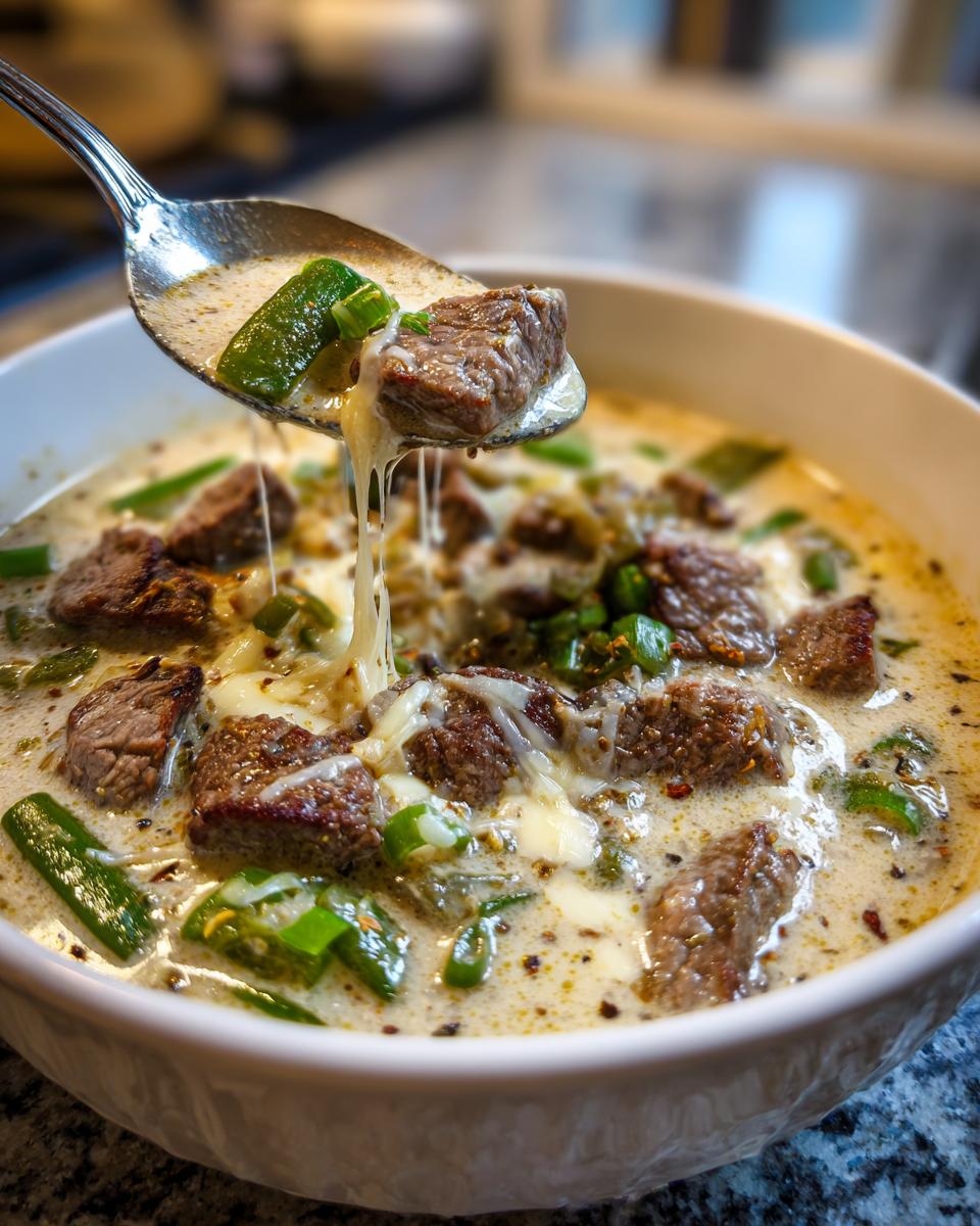 A spoonful lifting melted cheese, beef chunks, and green peppers from a bowl of creamy philly cheese steak soup.