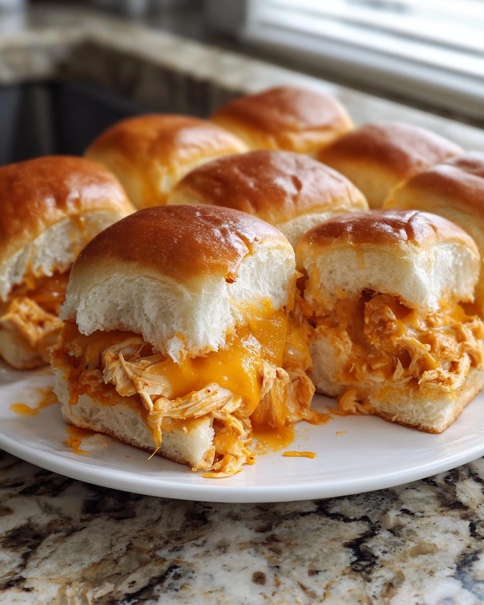 A plate of cheesy buffalo chicken sliders made with shredded chicken, buffalo sauce, and melted cheddar cheese on soft rolls.