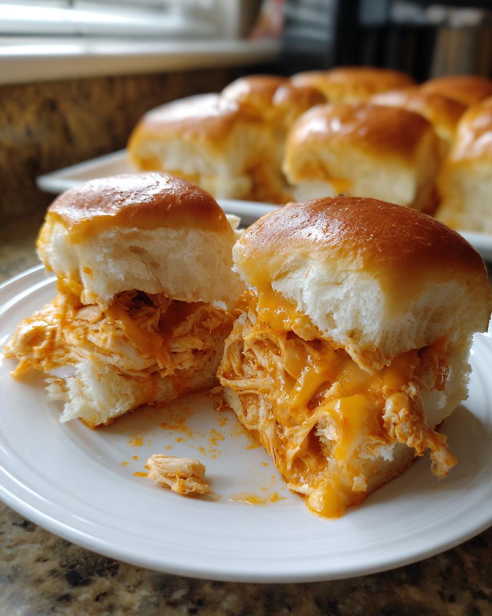 A cheesy buffalo chicken sliders sandwich cut in half, showing shredded chicken coated in orange sauce and melted cheese on a white plate.