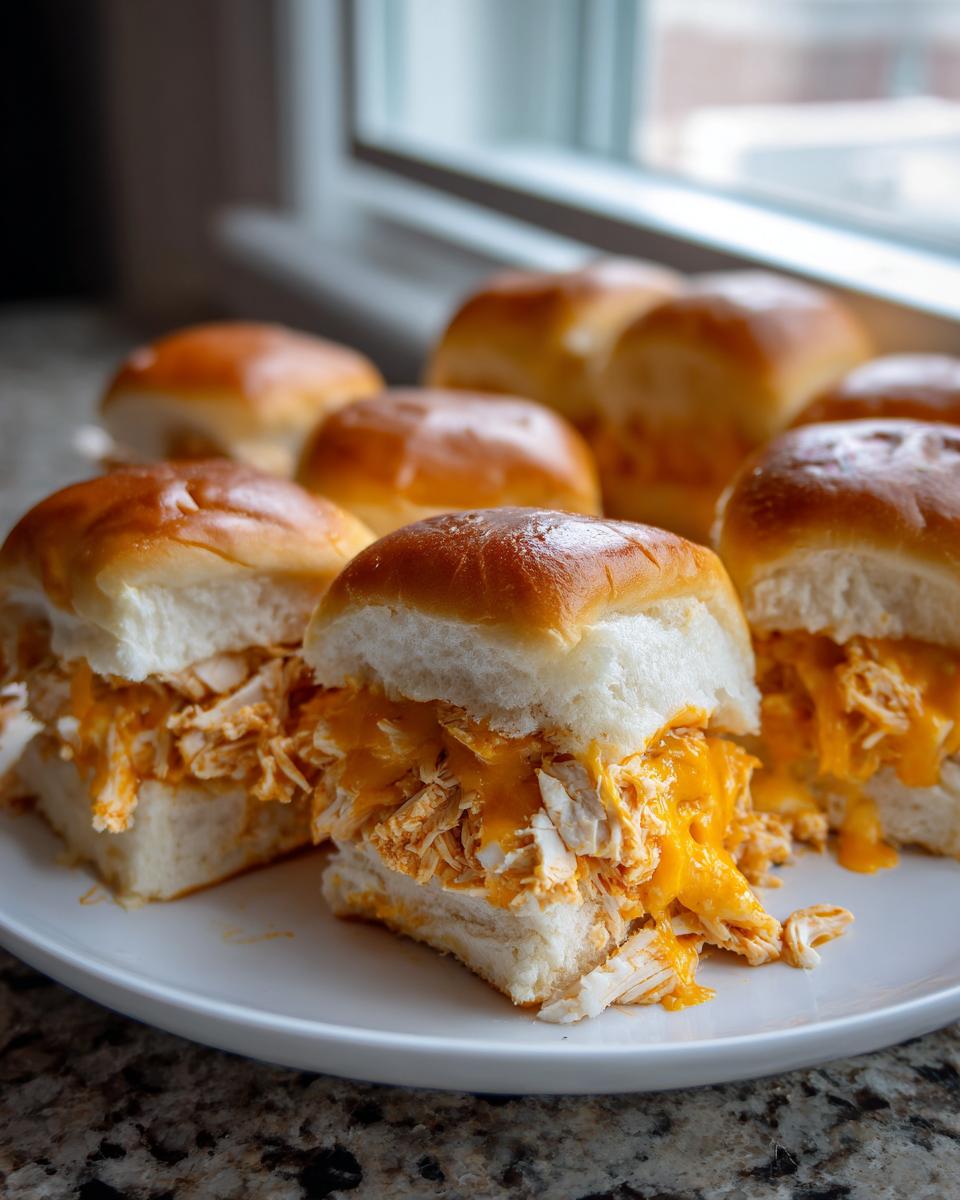 Close-up of cheesy buffalo chicken sliders made with shredded chicken and melted orange cheese on soft rolls.