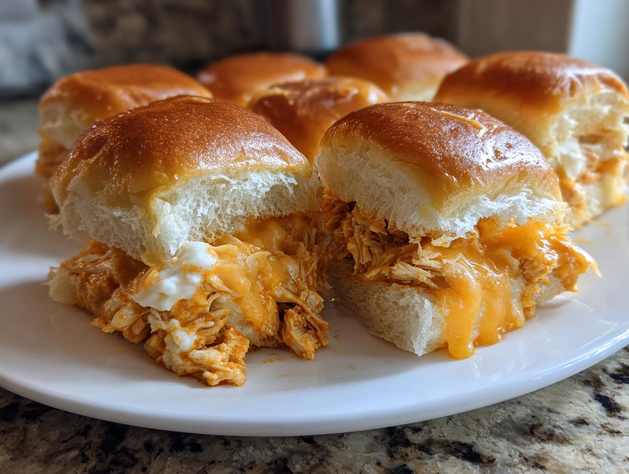 Close-up of cheesy buffalo chicken sliders on a white plate, showing shredded chicken and melted orange cheese.