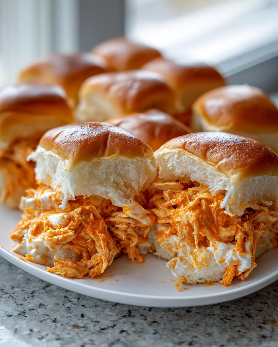 Close-up of cheesy buffalo chicken sliders overflowing with orange shredded chicken mixture on soft rolls.