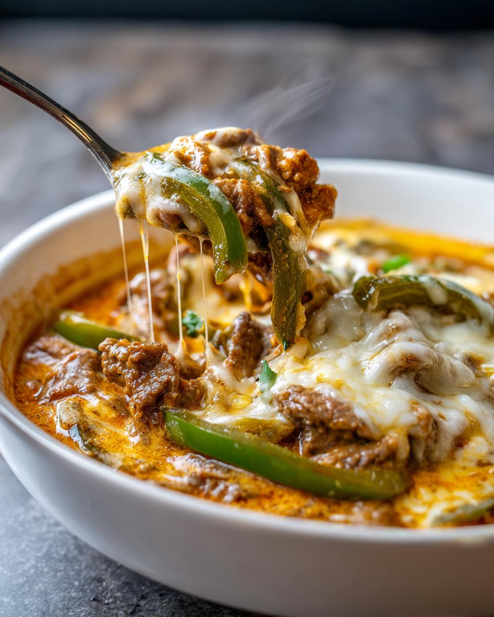 A spoonful of hot philly cheese steak soup showing melted, stringy cheese, beef, and green peppers.