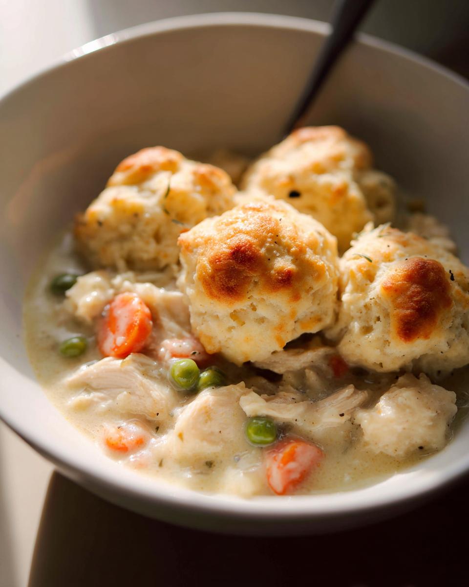 Close-up of a bowl of creamy chicken and dumplings with biscuits, featuring shredded chicken, carrots, and peas.
