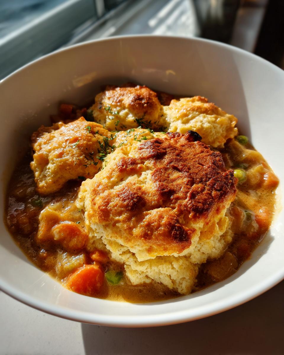 Close-up of rich stew with carrots and peas topped with golden brown biscuits for chicken and dumplings with biscuits.