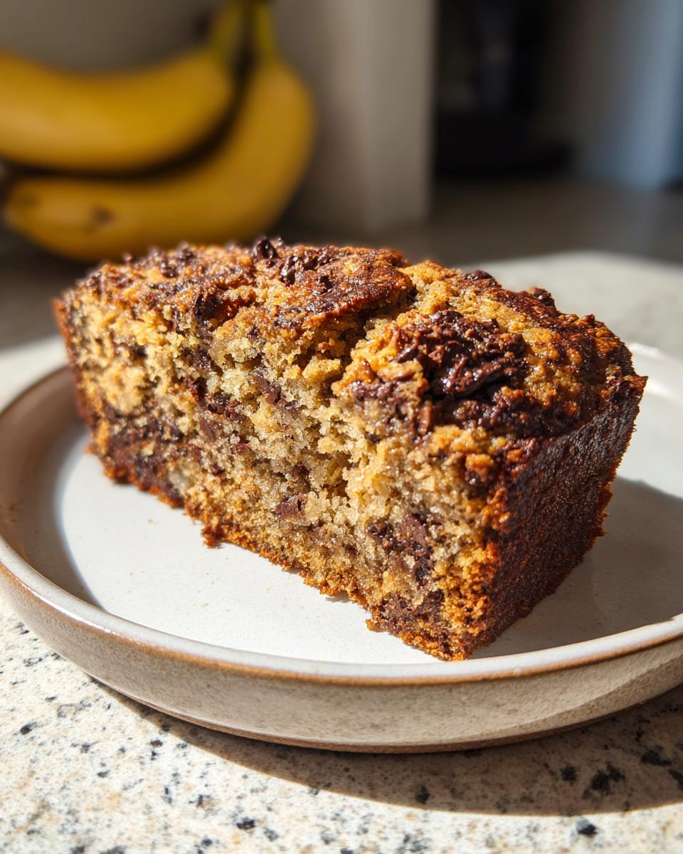 A close-up slice of rich, chocolate chip vegan banana bread served on a light ceramic plate.