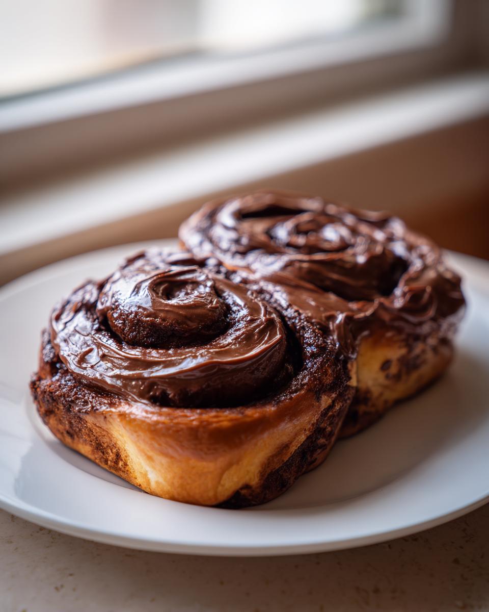Two decadent chocolate cinnamon rolls generously topped with thick, glossy chocolate frosting, sitting on a white plate.