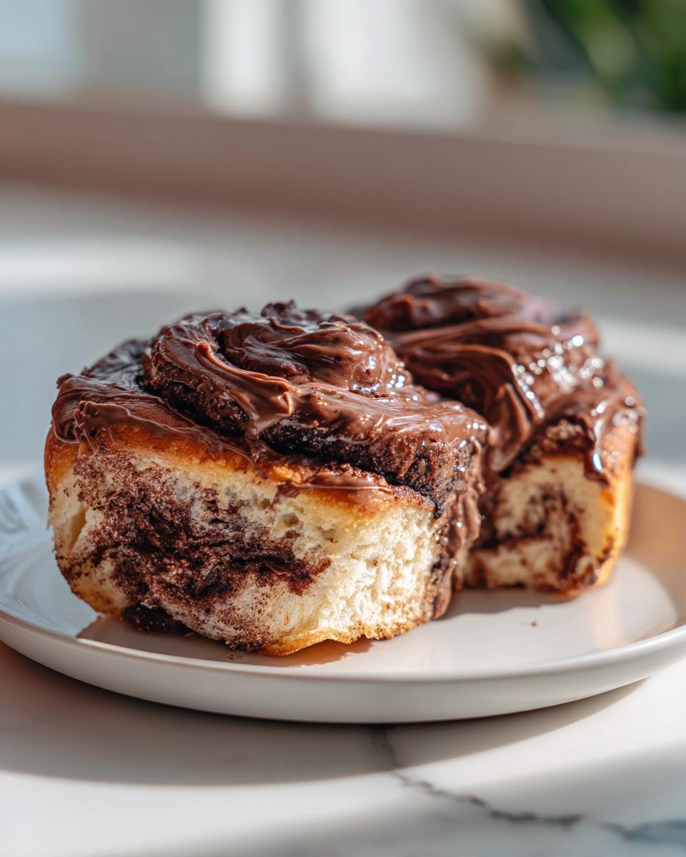 Two decadent chocolate cinnamon rolls generously topped with thick chocolate frosting, sitting on a white plate.