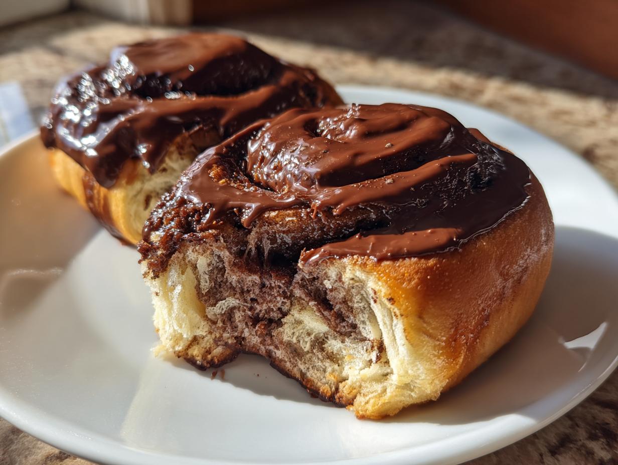 Two gooey chocolate cinnamon rolls on a white plate, one with a bite taken out showing the soft interior.