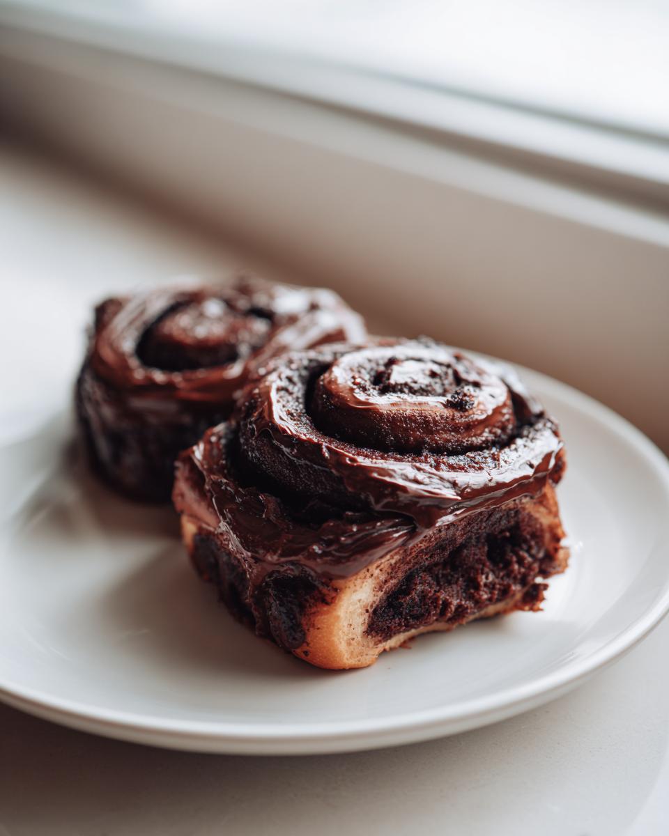 Two rich, dark chocolate cinnamon rolls covered in glossy chocolate frosting sitting on a white plate.