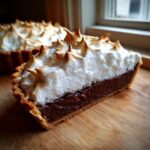 Cross-section slice of a rich chocolate meringue pie showing the dark chocolate filling and tall, toasted meringue topping.