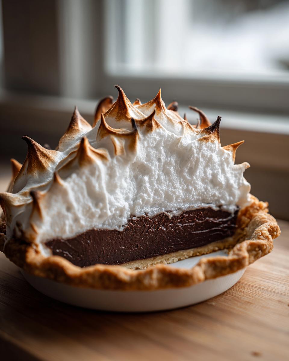 A close-up slice of chocolate meringue pie showing the dark chocolate filling and tall, perfectly toasted meringue peaks.