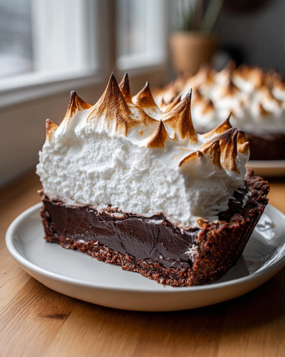 A tall slice of chocolate meringue pie featuring a dark chocolate filling and towering, toasted meringue peaks.