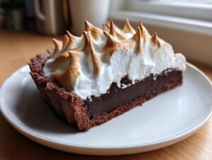 A close-up of a slice of chocolate meringue pie featuring a dark chocolate filling and towering, toasted meringue.