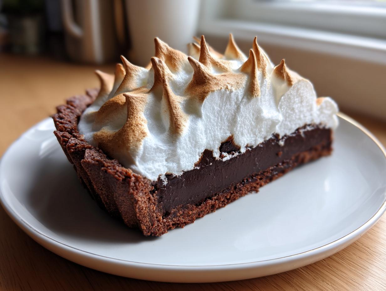 A close-up of a slice of chocolate meringue pie featuring a dark chocolate filling and towering, toasted meringue.