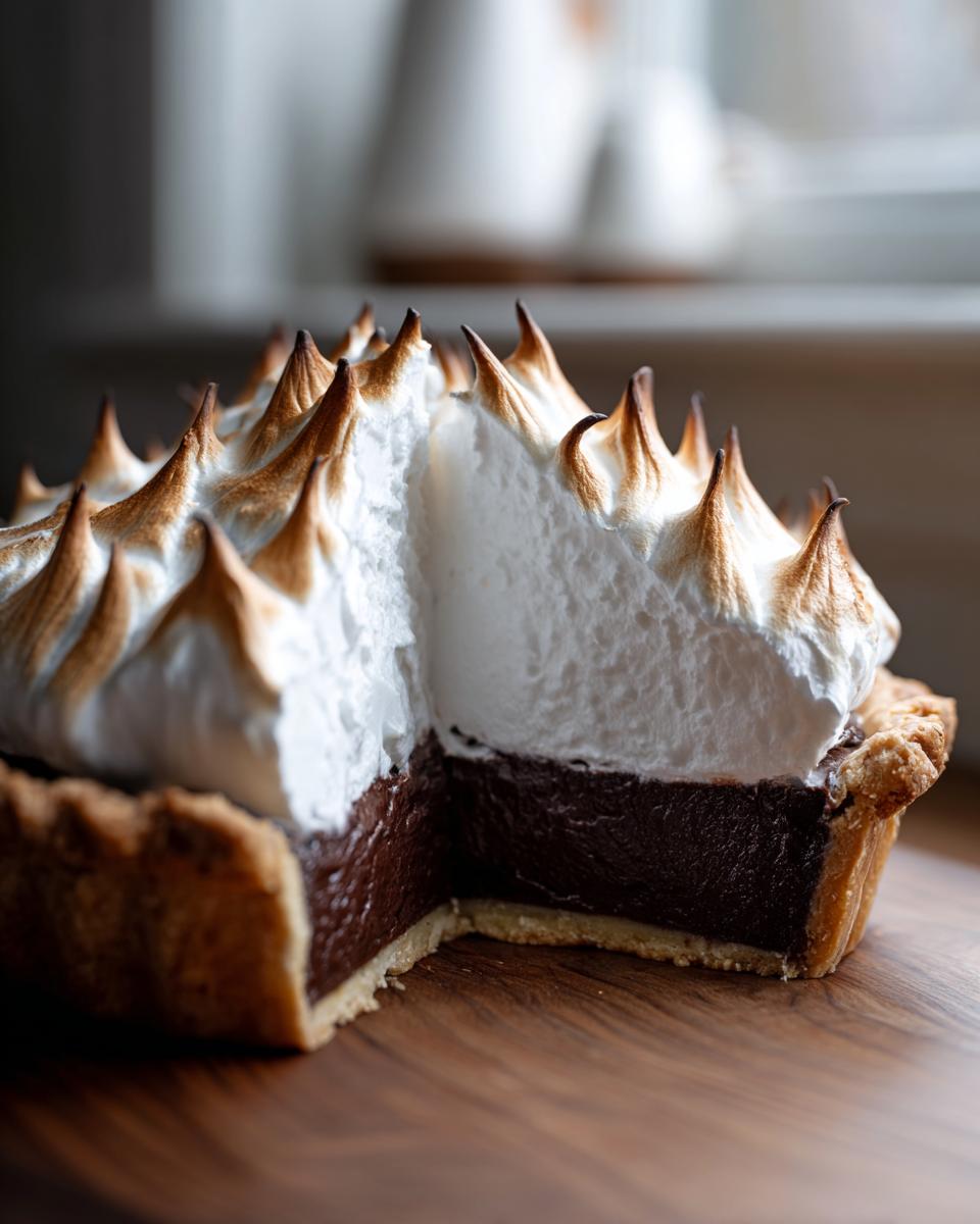 A close-up slice of chocolate meringue pie showing the dark chocolate filling and tall, perfectly torched meringue topping.