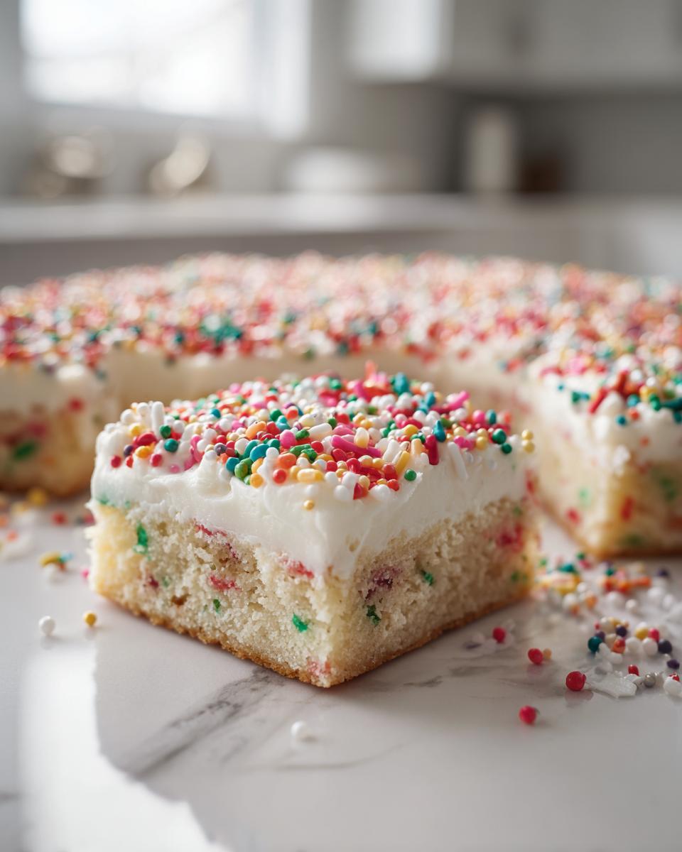 A close-up of a square slice of Christmas sugar cookie bars topped with white frosting and colorful sprinkles.