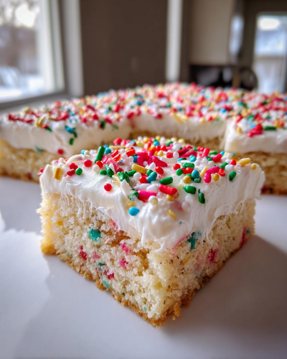 Close-up of a square slice of Christmas sugar cookie bars topped with white frosting and colorful sprinkles.
