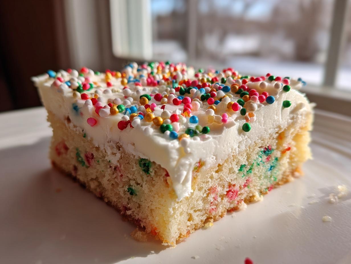 A close-up of a thick slice of Christmas sugar cookie bars topped with white frosting and colorful sprinkles.