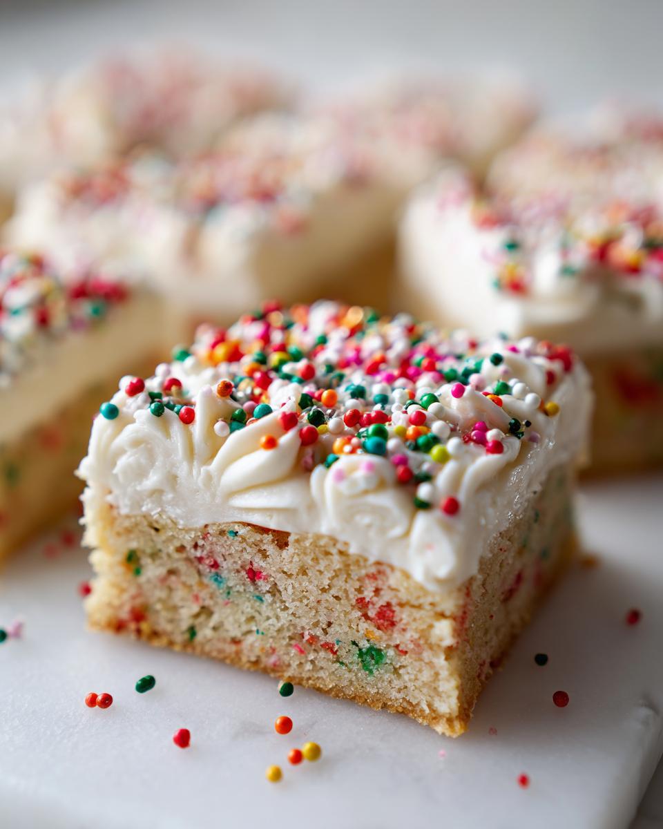 A close-up of a square christmas sugar cookie bars slice topped with white frosting and colorful sprinkles.