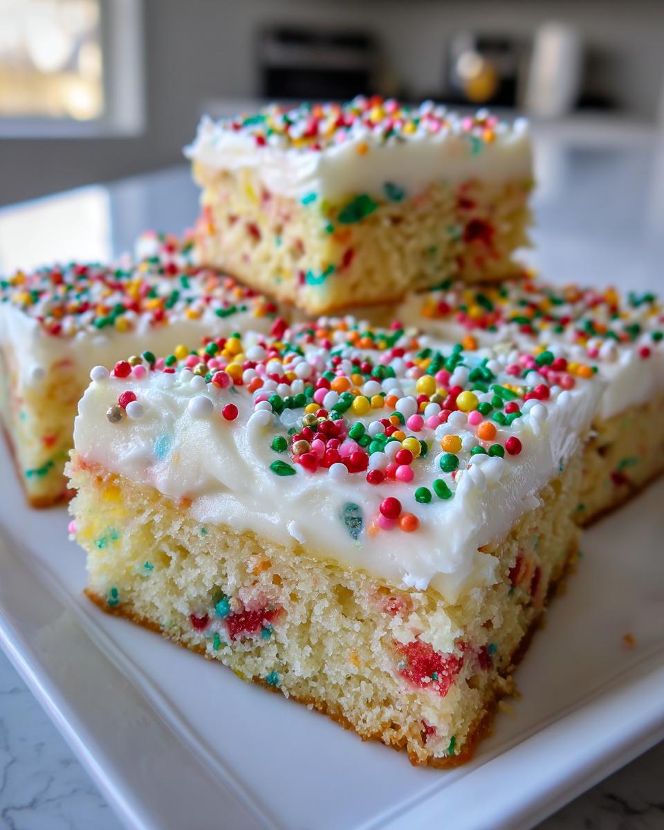 Close-up of stacked christmas sugar cookie bars topped with thick white frosting and colorful sprinkles.