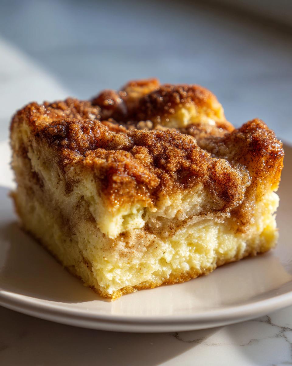 A close-up of a square slice of baked french toast topped with a thick, sugary cinnamon crumb topping.