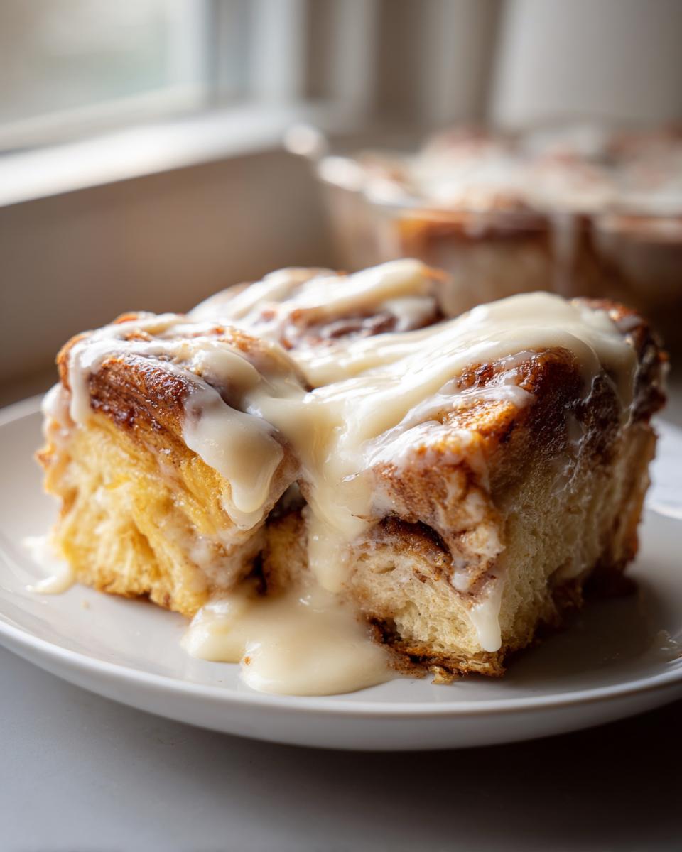 A close-up of a serving of cinnamon roll french toast drenched in thick, white cream cheese icing.