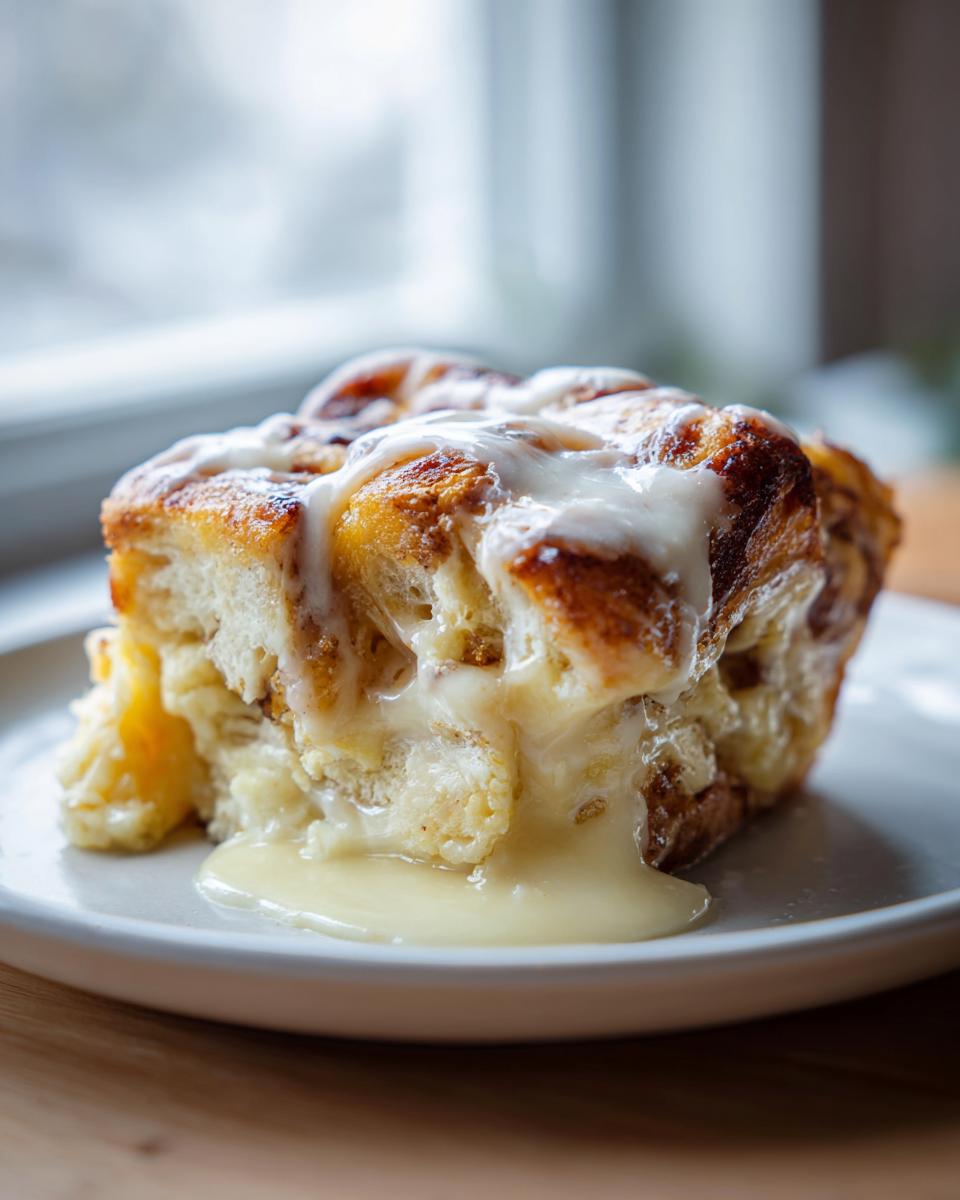 A decadent serving of cinnamon roll french toast topped with thick white icing, oozing creamy glaze onto the plate.