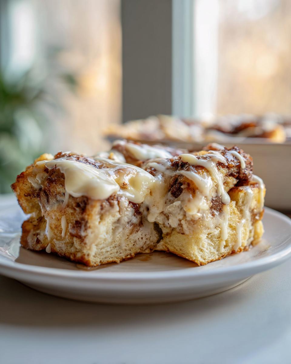 Two squares of gooey cinnamon roll french toast topped with thick white icing on a small white plate.