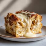 A decadent square slice of cinnamon roll french toast topped with thick, dripping cream cheese glaze.